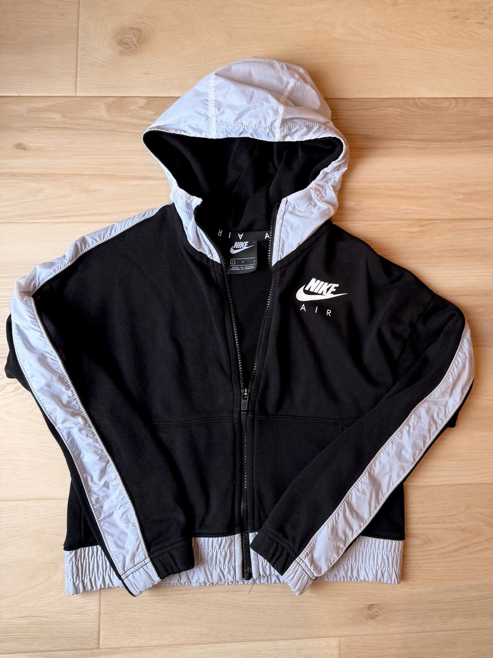 Nike Air Girl's Large Black Full-Zip Cropped Hoodie Mixed-Media Jacket